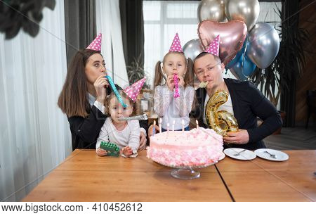 A Large Family Celebrates Their Birthday Online. Mom Dad Children At Home Video Call Self-isolation 