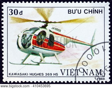Vietnam - Circa 1988: A Stamp Printed In Vietnam Shows Kawasaki Hughes 369hs, Is A Light Utility Hel