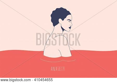 Sad Woman Stays In The Waving Water And Feels Anxiety. Depressed Girl With Short Hair Stands In The 