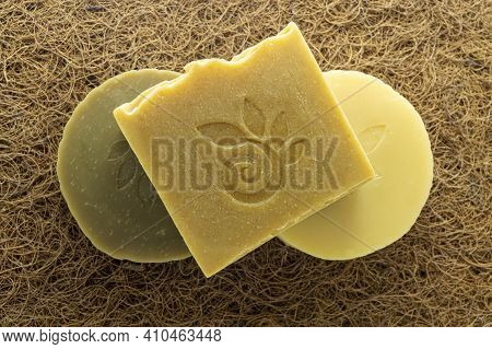 Soap On The Background Of Coconut Fiber Close-up