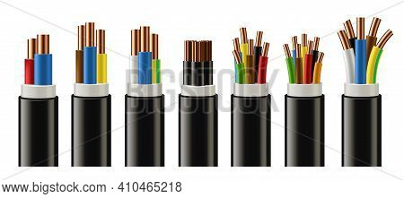 Electric Cable With Copper Conductor, Braided Wires In Color Plastic Insulation 3d Realistic Vector.