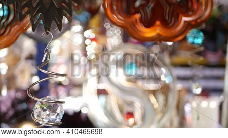 Colorful Geometric Metallic Wind Spinner, Garden Hypnotic Surreal Decoration, California Usa. 3d Kin