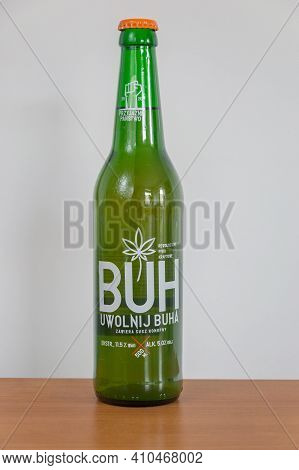 Pruszcz Gdanski, Poland - March 1, 2021: Buh Beer With Hemp Dried.