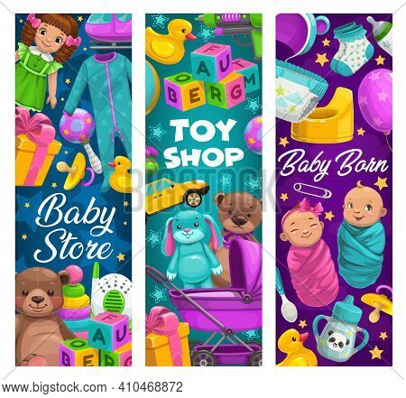 Baby Care, Toys Shop, Cartoon Kids Stuff Store. Newborns And Diaper, Apparel, Baby Monitor And Rubbe
