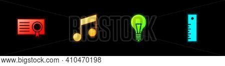 Set Certificate Template, Music Note, Tone, Light Bulb With Concept Of Idea And Ruler Icon. Vector