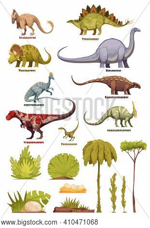 Different Types Of Dinosaurs In Cartoon Style With Name Of Class And Flora Landscape Elements Isolat