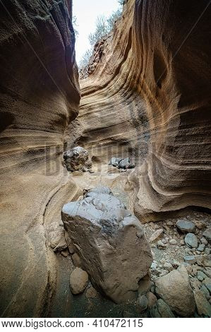 Canyon Eroded By Water And Wind On The Canary Island Of Gran Canaria Called Barranco De Las Vacas, W