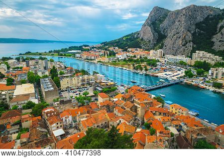 Fantastic Aerial View With Red Roofs And Spectacular Cetina River From The Mirabella Fortress, Omis,