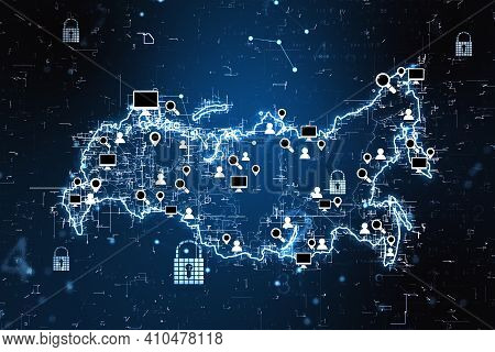 Social Newtwork Concept With Digital Russia Map And Social Media Icons, Locks And Computer Signs At 