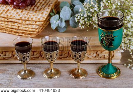 Matzoh Passover Jewish Holiday Celebration Matzoh With Kiddush Four Cup Of Red Kosher Wine