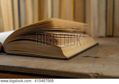 Book Background. Old Books In The Library. Bookshelf Shop. Knowledge, Publications, Literature. Book