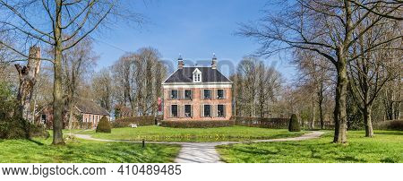 Midwolda, Netherlands - April 11, 2020: Panorama Of The Park Around The Historic Mansion Ennemaborg 