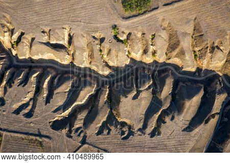 Aerial view on famous in Ukraine Kherson Grand Canyon or Kherson mountains or Stanislav Hills near Stanislav village