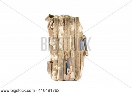 Green Canvas Backpack Isolated On White. Front View Of Modern Waterproof Camping Traveler Back Pack