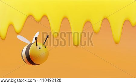Cute Bee In Cartoon Style. Dripping Honey Background. 3d Illustration. Vector