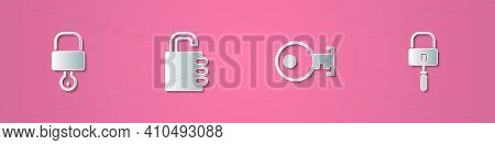 Set Paper Cut Lock And Key, Safe Combination Lock, Key And Picks For Picking Icon. Paper Art Style. 