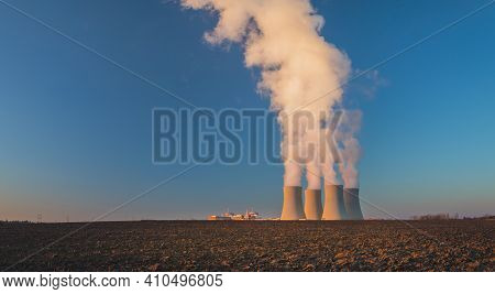 Temelin, Czech Republic - 02 28 2021: Nuclear Power Plant Temelin, Cooling Towers With White Water V