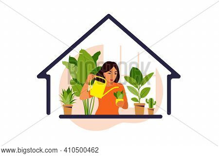 Stay Home Concept. Woman Watering Houseplants At Home. Home Garden And Houseplants Concept. Flat Vec