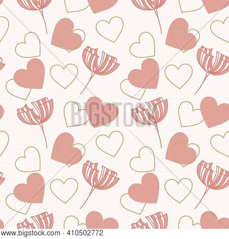 Pink Hearts And Four Petals Flower Seamless Pattern With White Background. Vector Illustration