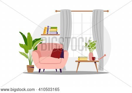 Interior Of The Living Room With Furniture. Modern Armchair With Mini Table. Flat Cartoon Style. Vec