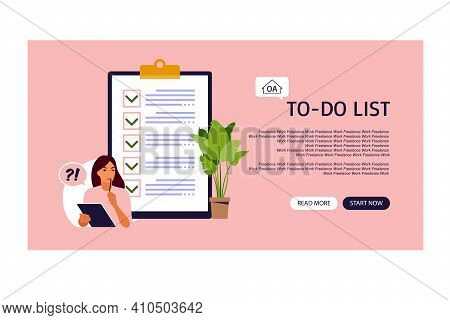 Checklist, To-do List Landing Page. Business Idea, Planning Or Coffee Break. Vector Illustration. Fl
