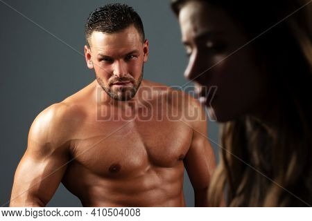 Treason Concept. Brutal Man With Sad Woman. Break Up, Divorce Or Treason In Relations Concept