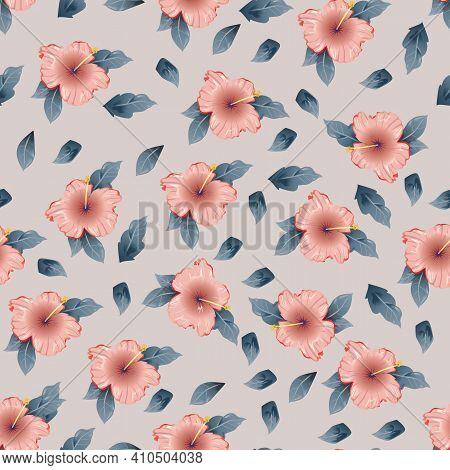 Pink Habiscus Flowers Seamless Pattern . Vector Illustration