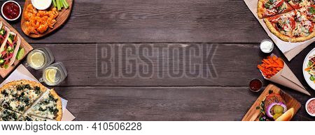 Healthy Plant Based Fast Food Double Border. Above View Over A Dark Wood Banner Background. Table Sc