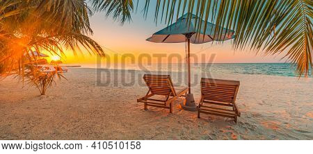 Beautiful Tropical Beach Banner. White Sand And Coco Palms Travel Tourism Wide Panorama Background C
