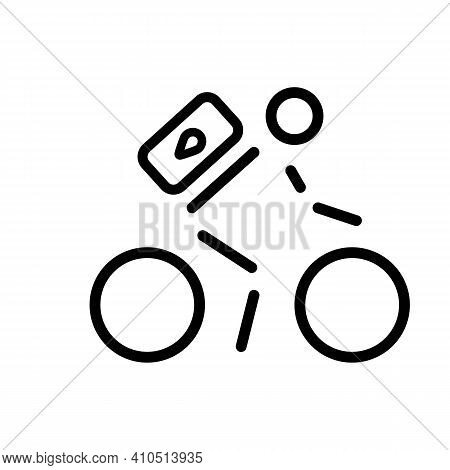 Bike With Cyclist, Delivery By Bike Icon Line Isolated On White Background. Man Riding Bike Gps. Dra