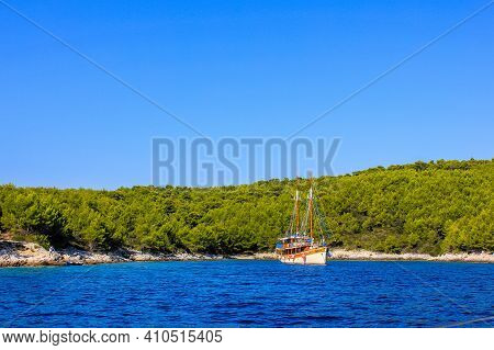 Scedro Island, Croatia - October 3, 2011: Vie Of A Boat With Scedro Island In The Background