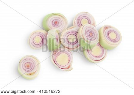 Fresh Lemongrass Slices Isolated On White Background With Clipping Path. Top View. Flat Lay