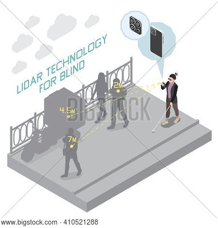 Technology For Disabled People Isometric Composition With View Of Lidar Technology For Blind People 