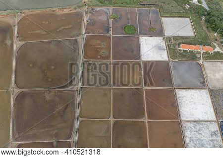 Aerial Drone Shot Of Salt Pans Near Ston City In Ragusa Region Near Dubrovnik In Croatia Summer Sunr