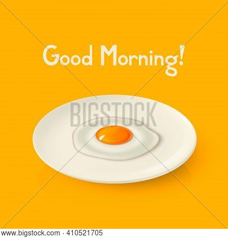 Vector 3d Realistic White Porcelain, Ceramic Plate And Fried Egg, Omelette Closeup On Yellow Backgro