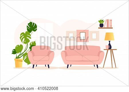 Cozy Interior Of A Modern Living Room With An Armchair, Houseplants, Window And Lamp. Vector Illustr