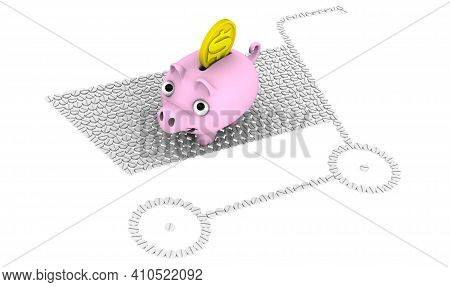 Savings On Purchase Of Medicines. Grocery Cart Symbol Made Up Of Tablets And A Piggy Bank With Ameri