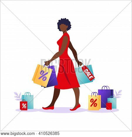 Young African Woman With Paper Bags Go With Sales. Concept Of Online And Offline Shopping, Sale, Dis