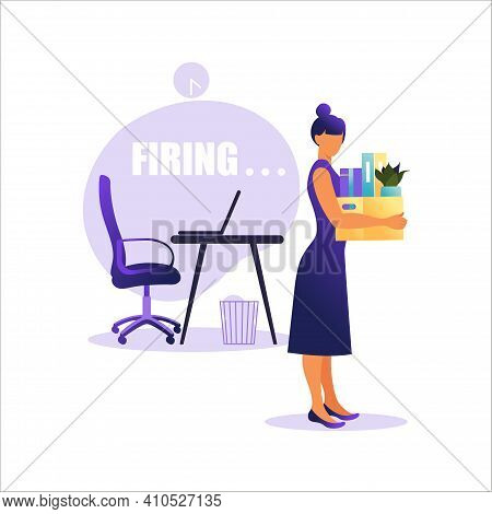 Vector Illustration Of Firing Employee. Woman Standing With Offices Box With Things. Unemployment Co