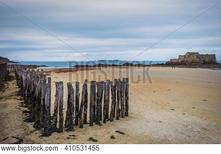 View Of Bon-secours Beach And Grand Bé A Tidal Island Near The Coast Of St-malo, France