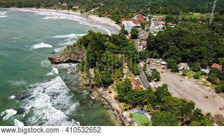 Aerial View Of Karang Bolong Beach And Its Wonderful Sunset View. At Anyer Beach With Noise Cloud An