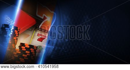 Vegas Slot Machine Gambling Concept Banner With Right Side Copy Space 3d Rendered Illustration. Slot