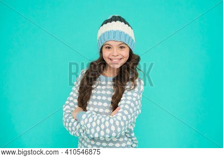 Keep Head In Warmth. Cozy And Comfortable. Winter Fashion For Active Rest. Healthy Child Wearing Kni