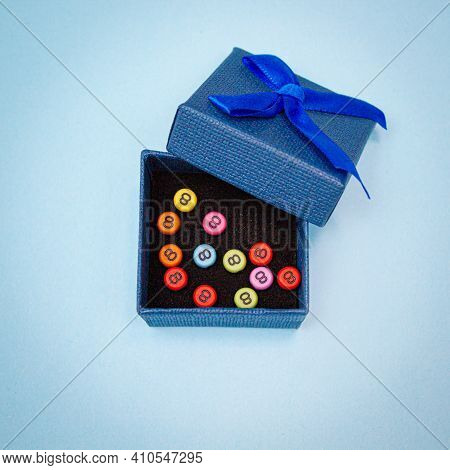 Blue Gift Box With Numbers 8 In It On Blue Background. International Women's Day Concept
