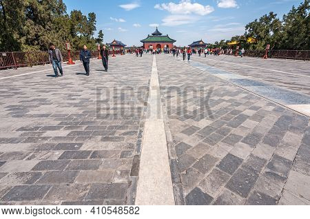 Beijing, China - April 29, 2010: Long Broad Gray Stone Walkway To Entrance Of Temple Of Heaven Under