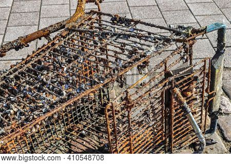 Rusty And Damaged Shopping Cart Found In The Port Of Kiel In Germany
