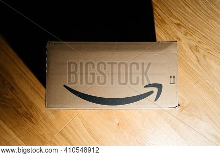 Paris, France - Jan 23, 2021: View From Above Of Delivered Amazon Prime Cardboard Parcel - The Compa
