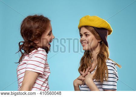 Funny Mom And Daughter Fashion Studio Lifestyle Fun Blue Background Family