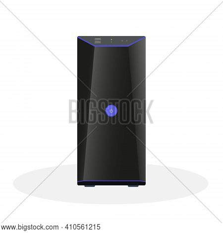 Modern Computer System Unit In Black With A Large Power Button, Operation Indicators And Usb Ports O