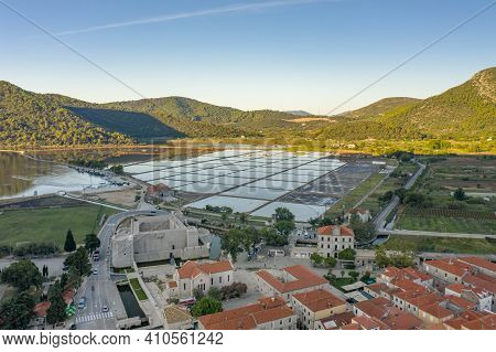 Aerial Drone Shot Of Ston With Salt Pan In Ragusa Near Dubrovnik In Croatia Summer Morning Sunrise
